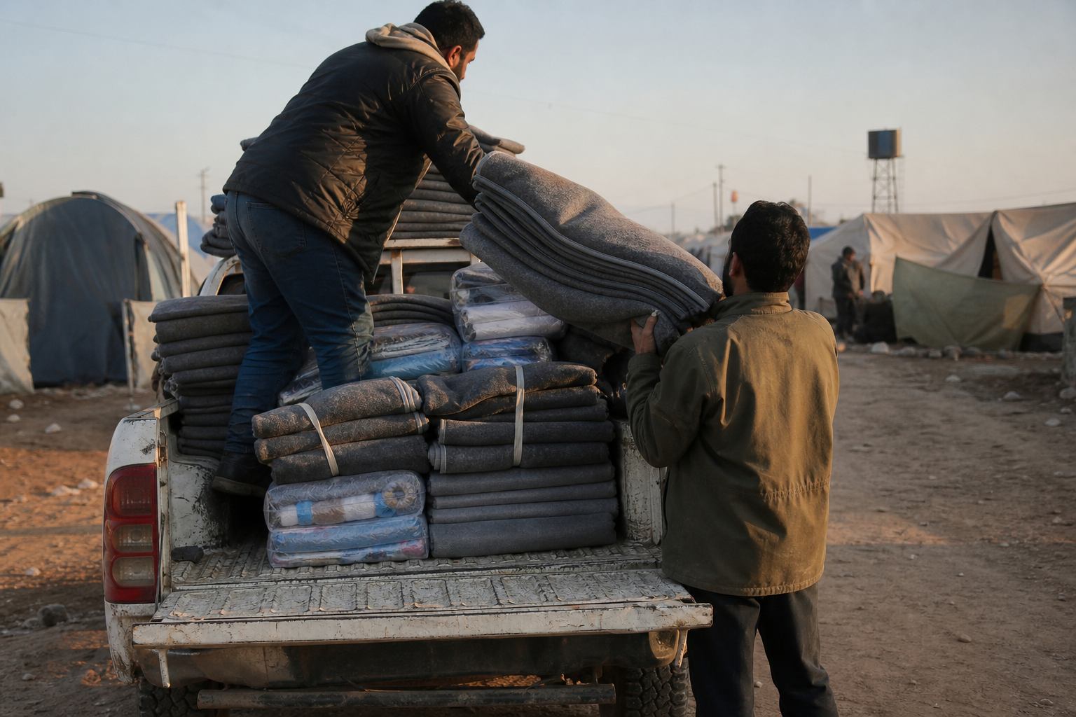 Winter blankets and hygiene packs loaded onto a field pickup